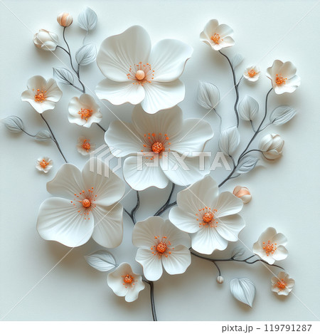 Elegant 3D style flowers in white and orange on soft background create serene and artistic ambiance. Perfect for home decor or design inspiration Elegant 3D style flowers in white and orange on soft background create serene and artistic ambiance. Perfect for home decor or design inspiration 119791287