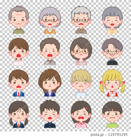 Men and women of various ages, face icon set, negative facial expressions 119791295