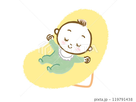 バウンサーに乗って眠っている赤ちゃんの手描きイラスト 119791438