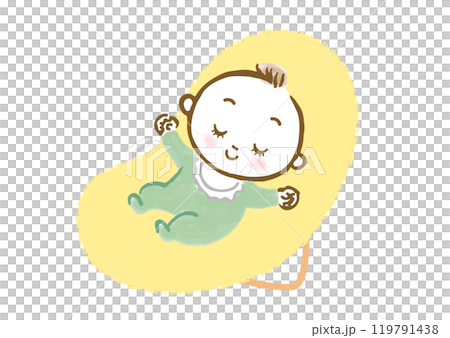 Hand drawn illustration of a baby sleeping in a bouncer 119791438