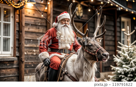 Santa Claus riding a reindeer. Scandinavian Santa in a Christmas setting 119791622
