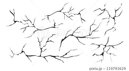 Cracked glass, wall, egg, fissures in ground top view. Set concrete, crevices from disaster, surface from earthquake, Ruined breaked land surface doodle, hand drawn 119791629
