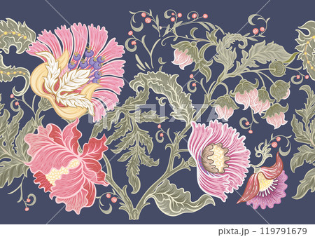 Fantasy flowers in retro, vintage, jacobean embroidery style. Fantasy flowers in retro, vintage, jacobean embroidery style. 119791679