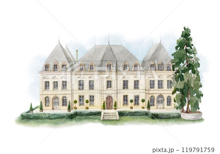 White castle watercolor illustration. Old historic palace with tree clip art. 119791759