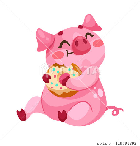 Pink Piglet Character Sit and Eat Donut Vector Illustration 119791892