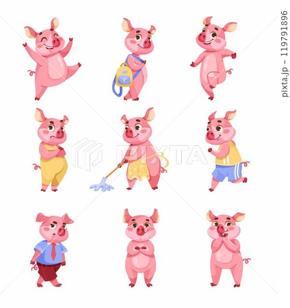Pink Piglet Character in Different Situation Vector Set 119791896