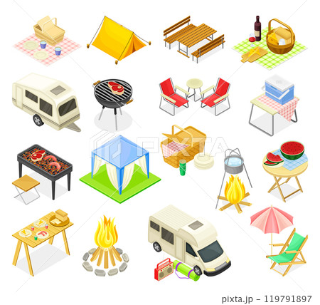 Picnic and Outdoor Eating Isometric Object and Element Big Vector Set 119791897