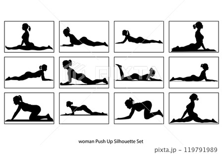 Lady doing push ups symbol. Wellness directions venture by step.Push up exercise preparing exercise. Lady doing push ups symbol. Wellness directions venture by step.Push up exercise preparing exercise. 119791989