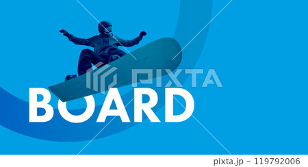 Focused man in full gear, helmet and goggles snowboarding against blue background, Winter extreme sports. Creative colorful collage. 119792006