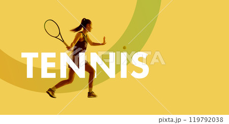 Young sportive woman, tennis player in motion with racket, training on yellow background with abstract elements. Creative colorful collage. 119792038