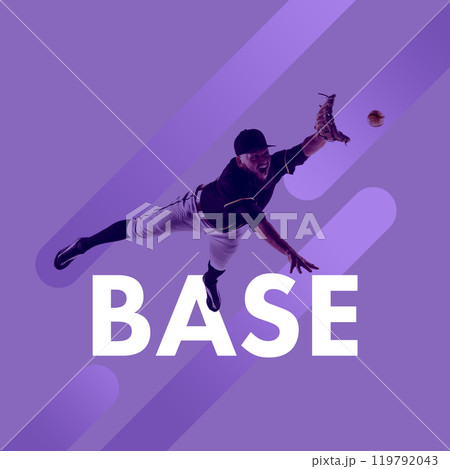 Motivated man, baseball player in mid-air catching ball with gloves, set against purple background. Creative colorful collage. Motivated man, baseball player in mid-air catching ball with gloves, set against purple background. Creative colorful collage. 119792043