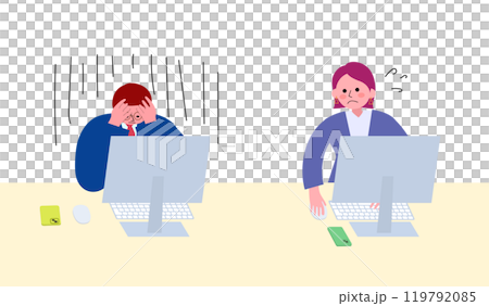 An illustration of a man in a suit holding his head in an office and a woman in a suit looking impatient An illustration of a man in a suit holding his head in an office and a woman in a suit looking impatient 119792085