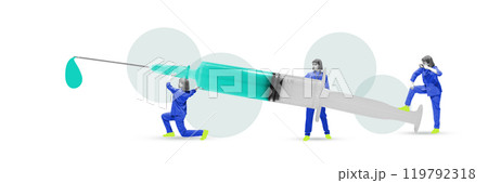 Banner. Contemporary art collage. Healthcare workers handle large syringe, representing vaccination, injections, and patient care in medicine 119792318