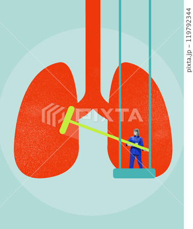 Contemporary art collage. Medical professional cleaning lungs, symbolizing respiratory health and preventive care. 119792344