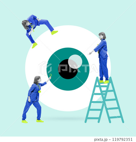 Contemporary art collage. Healthcare workers examining large eye icon, symbolizing attention to detail in vision health and diagnostics. Contemporary art collage. Healthcare workers examining large eye icon, symbolizing attention to detail in vision health and diagnostics. 119792351