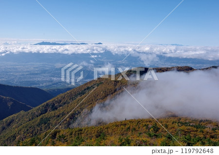 浅間連峰の東篭の塔山から見る池の平湿原と雲海に浮かぶ八ヶ岳連峰 119792648