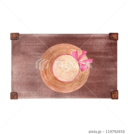 Vintage brown suitcase, and a sun hat watercolor composition isolated on white. Hand drawn for stickers, traveling, souvenir decor and design, card. Vintage clip art. Grandma. Old-fashioned. Nostalgic 119792658
