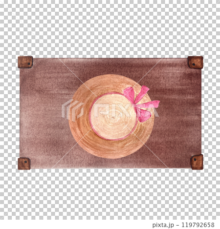 Vintage brown suitcase, and a sun hat watercolor composition isolated on white. Hand drawn for stickers, traveling, souvenir decor and design, card. Vintage clip art. Grandma. Old-fashioned. Nostalgic 119792658