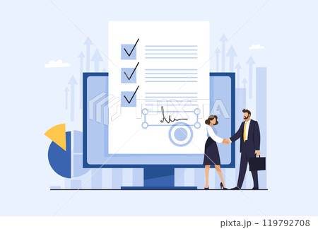 Businessmen shaking hands on the background of the computer according to the signed contract. Concept of business negotiations, modern digital devices in business and electronic signature. Flat vector 119792708