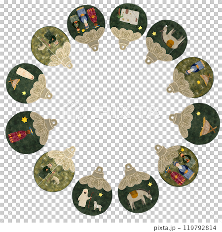 Christmas tree decorative ball with nativity scene round watercolor frame isolated on white. Illustration for, invitations, cards, Christmas, cards, stickers, posters, advent calendar, banner 119792814