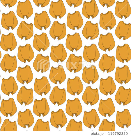 Sweater with long dropped sleeves in trendy soft orange Seamless Pattern. Ugly Sweater Day backdrop 119792830