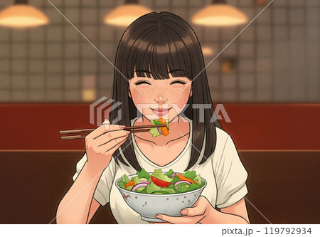 野菜サラダを食べる女性 119792934