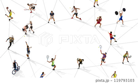 Aerial view of athletes in circular network, engaging in various sports like basketball, weightlifting, tennis, and boxing. Aerial view of athletes in circular network, engaging in various sports like basketball, weightlifting, tennis, and boxing. 119793103