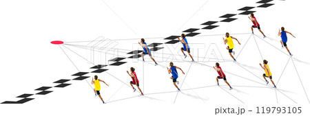 Top view of runners in race network, connected to finish with lines. 119793105