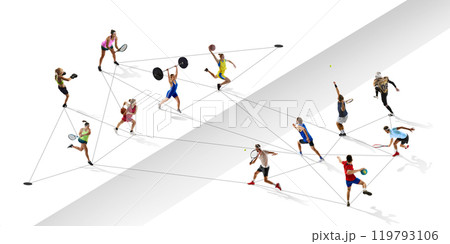 Top view. Athletes participating in a network of sports, connected with lines. Tennis, weightlifting, handball, American football. 119793106