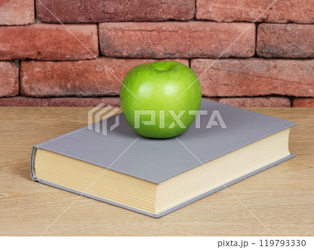 A green apple placed on a closed gray hardcover book against brick background. High quality photoA fresh green apple rests on a closed gray book in front of a rustic brick wall 119793330