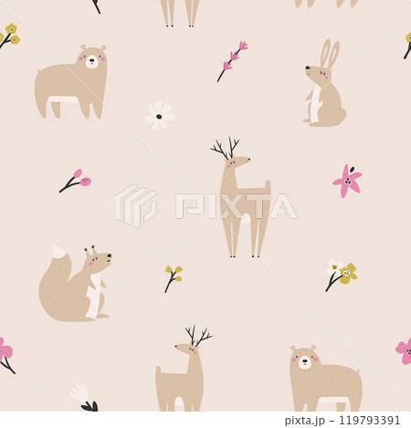Cute Woodland Animal Seamless Pattern. Adorable Vector Forest Creatures for Designs and Crafts 119793391