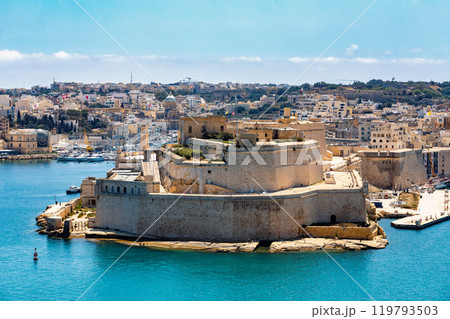 Stone ramparts of Fort St. Angelo, Birgu Malta. Stone ramparts of Fort St. Angelo, Birgu Malta. 119793503