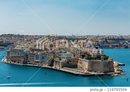 Stone ramparts of Fort St. Angelo, Birgu Malta. Stone ramparts of Fort St. Angelo, Birgu Malta. 119793504