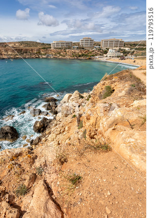 Golden Bay and beach (Ghajn Tuffieha) with turquoise, azure sea. Malta Golden Bay and beach (Ghajn Tuffieha) with turquoise, azure sea. Malta 119793516