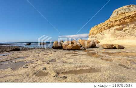 Xwejni Bay, famous beach of island of Gozo, Malta. 119793537
