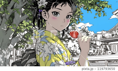 和服姿でリンゴ飴を持つ若い女性