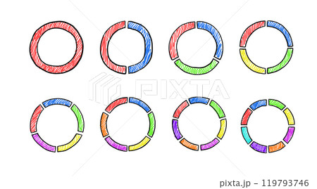Circular hand drawn chart with color segments. Wheel division into fractions, circular shape sectors. Vector doodles Circular hand drawn chart with color segments. Wheel division into fractions, circular shape sectors. Vector doodles 119793746