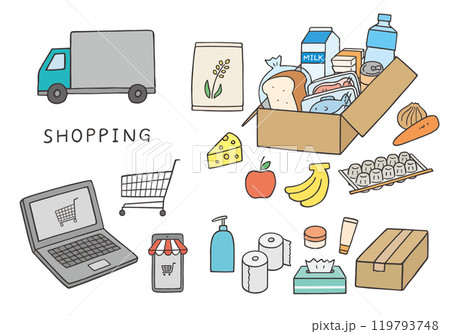 ネットスーパーにまつわる手描きイラストセット(カラー) ネットスーパーにまつわる手描きイラストセット(カラー) 119793748
