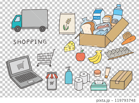 ネットスーパーにまつわる手描きイラストセット(カラー) ネットスーパーにまつわる手描きイラストセット(カラー) 119793748