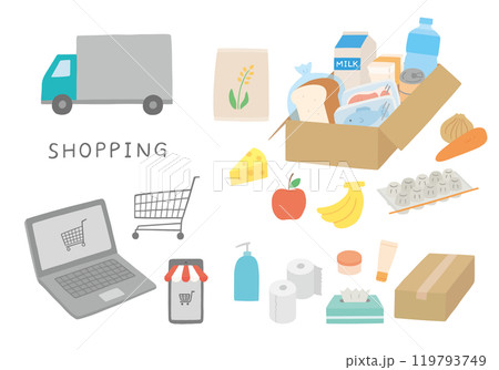 ネットスーパーにまつわる手描きイラストセット(カラー/主線なし) ネットスーパーにまつわる手描きイラストセット(カラー/主線なし) 119793749