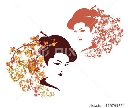 japanese geisha head and tree branches with autumn season foliage vector design 119793754