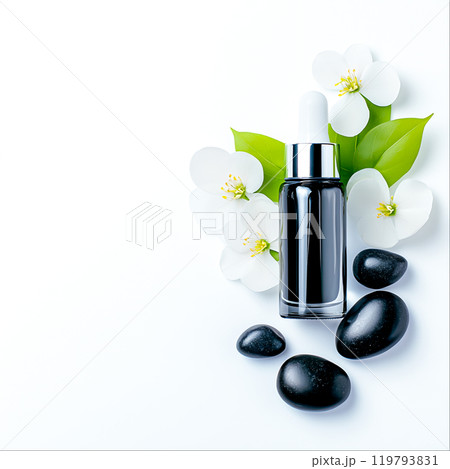 Elegant Serum Bottle with Stones and Flowers Arrangement Elegant Serum Bottle with Stones and Flowers Arrangement 119793831
