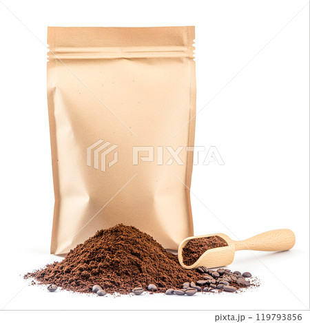 Coffee Grounds and Package on White Background 119793856