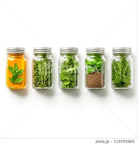 Variety of Fresh Herbs in Glass Jars on White Background Variety of Fresh Herbs in Glass Jars on White Background 119793865