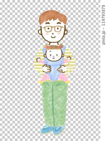 手繪插圖：一位父親抱著他的孩子（男孩）在嬰兒背帶中 119793878