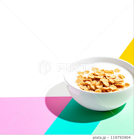 Bright Bowl of Cereal with Milk on Colorful Background 119793904