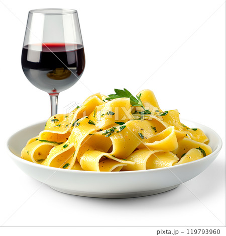 Elegant Pasta Dish with Red Wine Glass 119793960