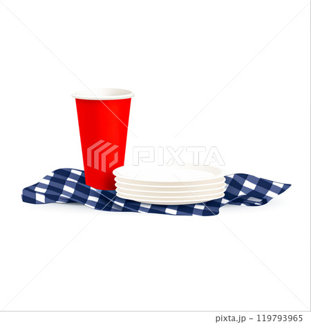 Red Cup and Plates on Checkered Tablecloth 119793965