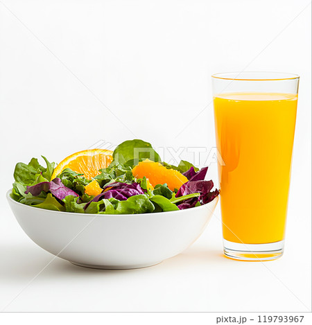Fresh Salad Bowl with Orange Juice Drink 119793967