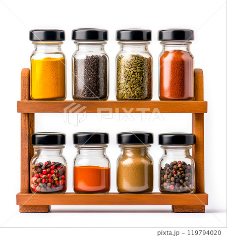 Colorful Spice Jars on Wooden Rack Display Colorful Spice Jars on Wooden Rack Display 119794020